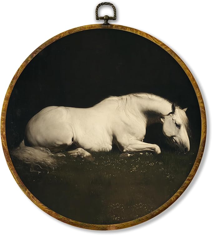 Hiuwevt Vintage White Horse Round Wall Art Decor, Horse Gifts for Women Wall Framed Canvas Prints, Moody Dark Academia Animal Round Hanging Decor for Bedroom Living Room Decorations, 10x10 Inches