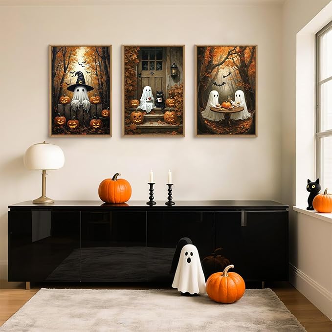 FWIEXA Halloween Cute Ghost Pumpkins Canvas Wall Art Set of 3, Black Cat Framed Painting Artwork, Vintage Witchy Hat Bats Prints, Fall Maple Leaf Decor 24x36 In for Party, Gift, Living Room, Bedroom