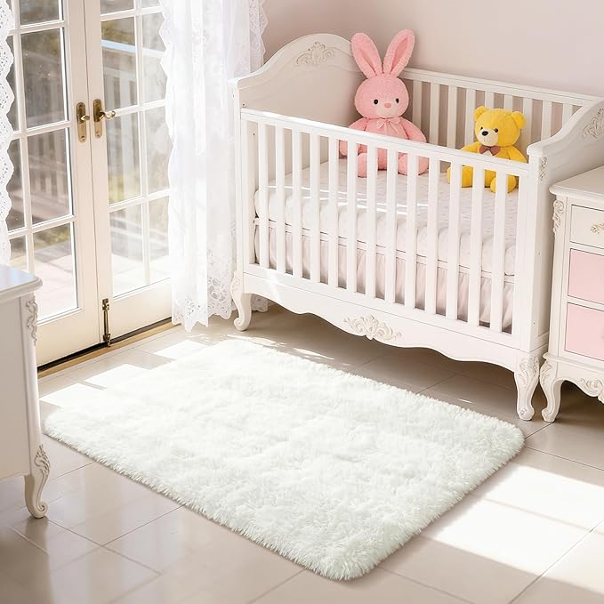 Merelax Fluffy Rug Shaggy Area Rug, Ivory/Cream 2x4 Area Rugs for Bedroom, Small Kids Bedside Rug, Soft Non-Slip Entryway Throw Rugs for Living Room Bedroom Nursery Room Home Decor Aesthetic