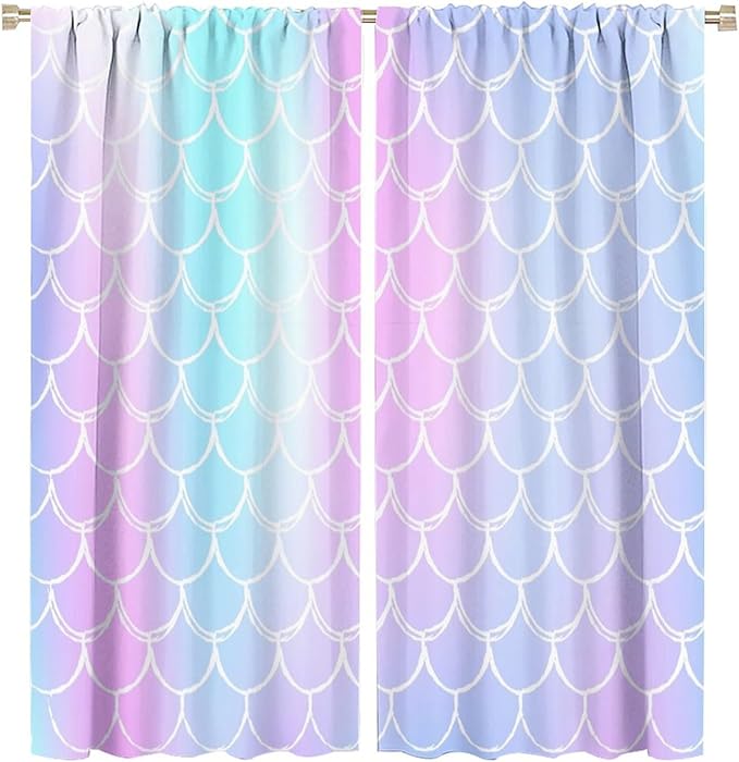 Fantasy Mermaid Curtain Rainbow Mermaid Scales Purple Pink Blue Ocean Theme Dream Blackout Window Treatment for Kids Boys Girls Bedroom Nursery Room Decor Rod Pocket Window Drapes 63x72in