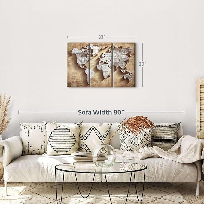 ElephantStock Dimensional World Map II Multi Piece Canvas - 3 Piece Canvas World Map Wall Decor - Wall Decor Ready-to-Hang Print - Vintage Wall Art - 33" X 20"