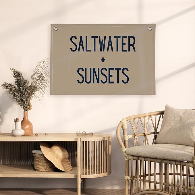 Beach Room Decor Banner, Boho Coastal Saltwater Sunsets Wall Art Linen Canvas Banner Flag for Aesthetic Room Decor, Playroom Nursery Surf Decor,Housewarming Gift, Beach Gifts boyroom