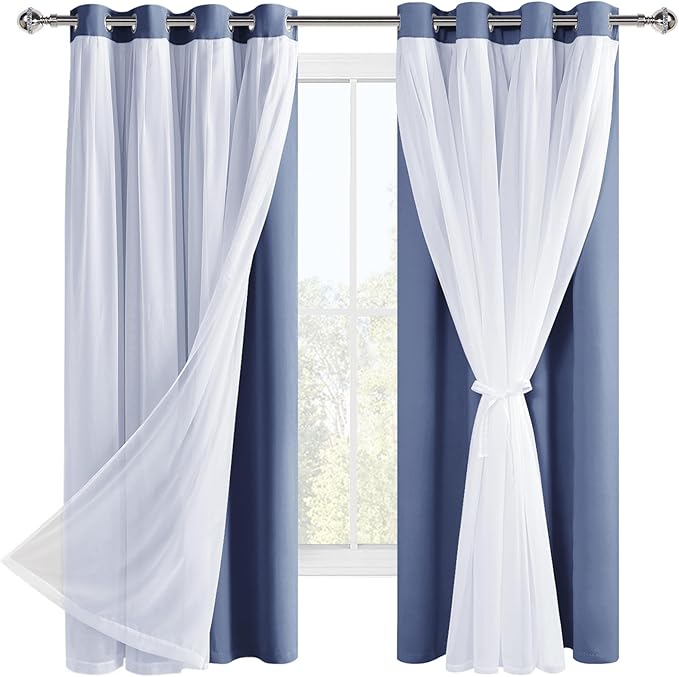 Hiasan Blackout Curtains with Sheer Overlay, Thermal Insulated Mix & Match Double Layer Room Darkening Window Curtains for Bedroom,Living Room,Nursery 2 Panels with Tiebacks (52W X 63L,Blue Haze)