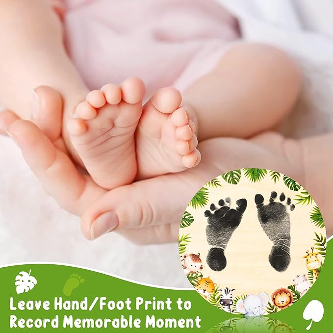 R HORSE Baby Birth Announcement Sign with Marker Pen, Safari Animals Baby Name Sign with Ink Pad for Hand and Footprints, Wooden Hello World Newborn Announcement Nursery Decor Keepsake Gifts