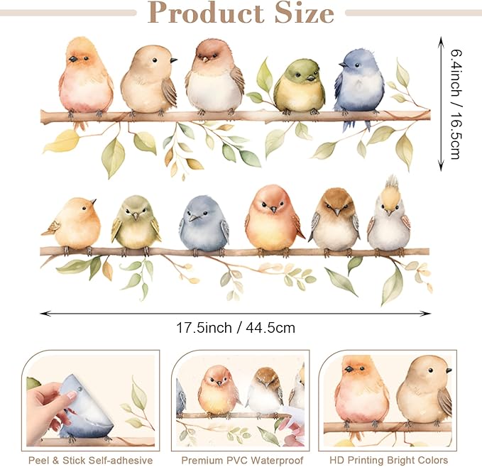 DILIBRA Colorful Bird on The Branch Wall Stickers, Peel and Stick Creative Bird Wall Decals, DIY Vinyl Art Murals for Nursery Kids Bedroom Living Room Classroom Preschool Playroom