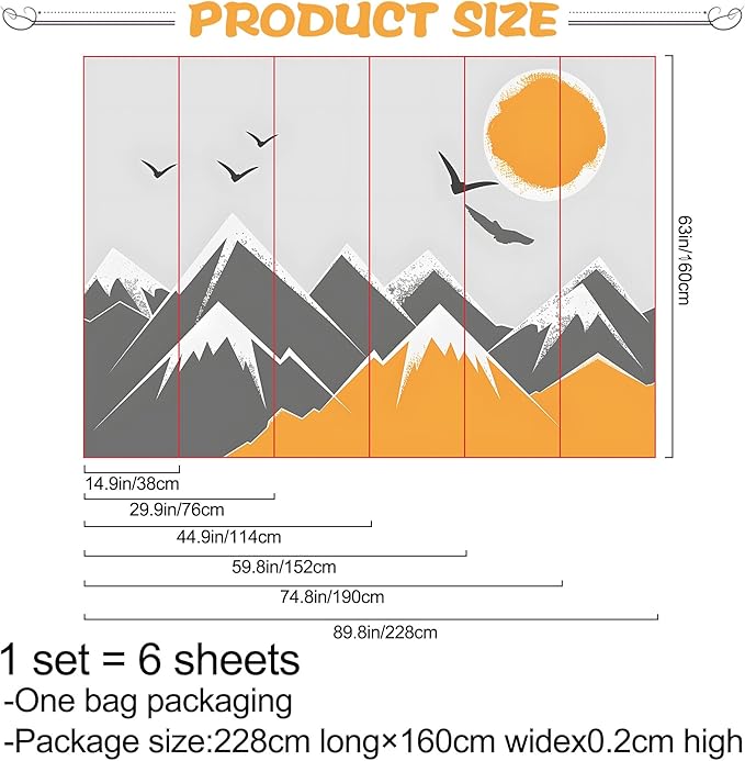 AM AMAONM 63x89.8inch Large Abstract Snowy Mountain Wall Decal, Warm Earth Tones, Watercolor Mountain Sun Wallpaper, Removable Wall Contact Paper Mural for Nursery Living Room Background