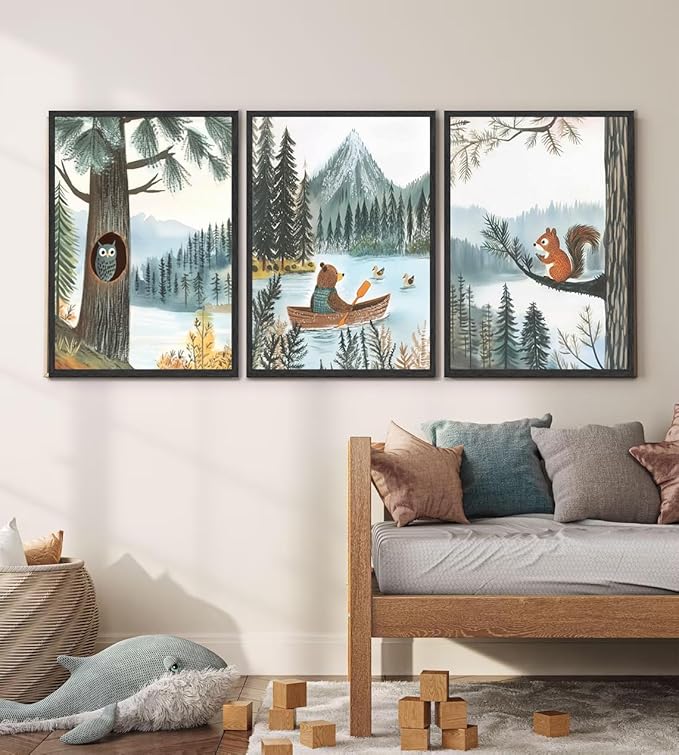 3 pcs Woodland Animal Nursery Wall Art Whimsical Kids wall decoration pictures Bear Owl Squirrel Illustrations Posters Prints for Playroom Toddler Bedroom Home Decor Unframed (12x16in poster)