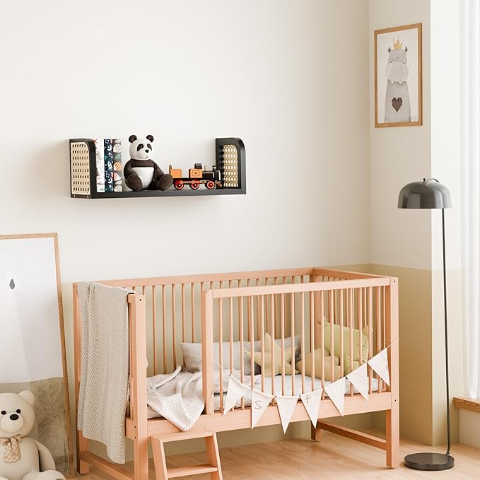 Black Rattan Wall Shelf, Hanging Book Shelves for Wall, Decorative Shelves for Natural Nursery Decor, Picture Ledge Shelves, Wall Mail Organizer, Floating Rattan Shelf for Office, Bedroom,Bathroom