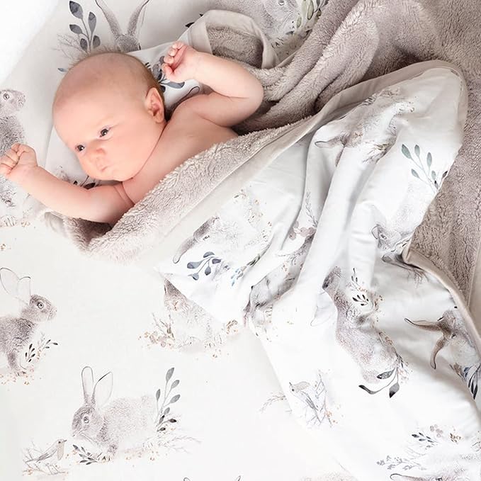Oilo Baby Blanket, Luxury Soft Plush Chenille Backing & Turkish Cotton Jersey Print, Double Layered, 30" x 40", Rolled Jersey Edge Trim, Machine Wash, Perfect for Infant or Toddlers, Cottontail Bunny