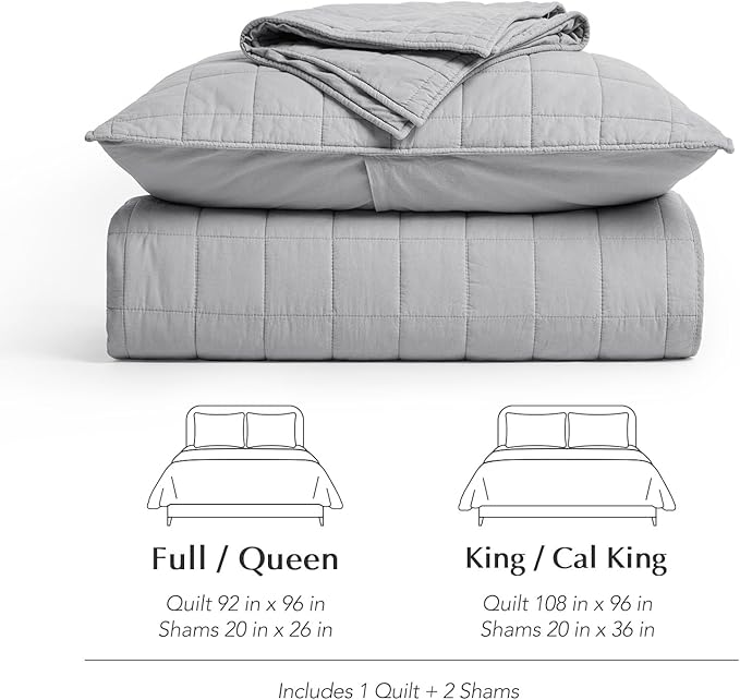 EVERGRACEHOME 100% Cotton Box Stitch Quilt Bedding Set Queen Size 3 Pieces, Garment-Washed Lightweight Soft Cozy Coverlet, Quilted Bedspread Sets with 2 Shams for All Season, Fog Gray