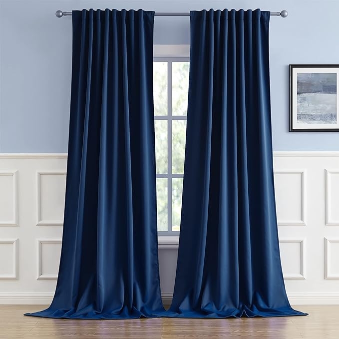 DUALIFE Extra Long Blackout Curtains Thermal Insulated Blackout Drapes Window Treatment Panels Room Darkening Bedroom Draperies for Living Room Back Tab/Rod Pocket, Navy Blue, W52 x L132, 2 Panels