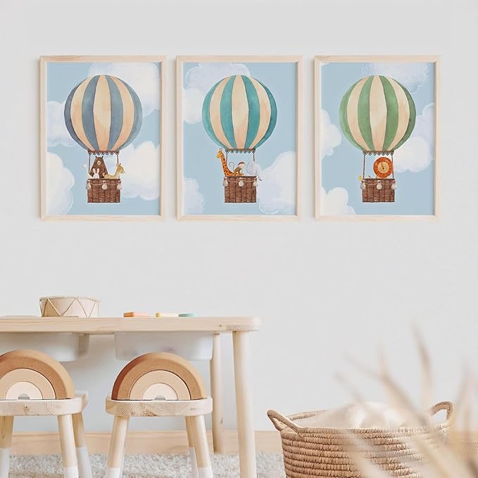 DREAM BIG PRINTABLES Hot Air Balloon Art Prints (Set of 3) - Unframed - 11x14 | Nursery Wall Decor | Modern Wall Decor for Your Little One's Room