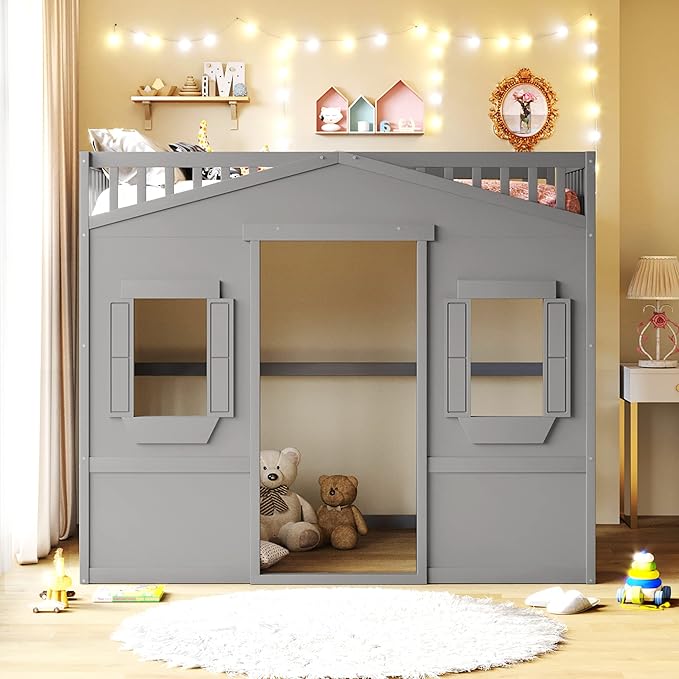 Full Size Loft Bed with Safety Guardrail for Kids Boys Girls, Playhouse Design Solid Wood Loft Bed Frame with Ladder and Windows, Strong Wood Slats Support, Space-Saving (Gray)