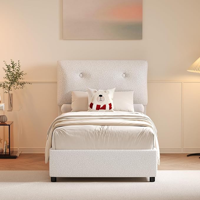 Twin Size Bed Frame, Cloud Boucle Upholstered Bed Frame with Headboard, Twin Bed Frames for Kids, Adjustable Headboard, No Box Spring Needed, Easy Assembly, White
