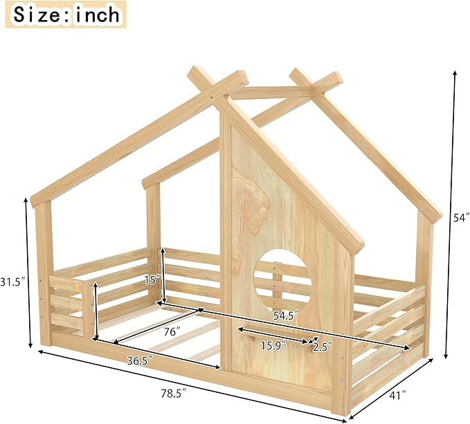 SOFTSEA Twin Size House Bed Frame, Kids Floor House Bed with Window and with Storage Shelf for Boys Girls, Wood Montessori Bed with Slats and Guardrails, Natural