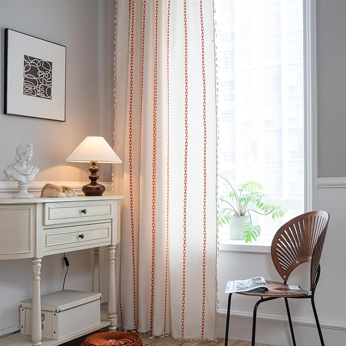 Deeprove Rust Orange Boho Curtains 96 inches Length for Living Room Bedroom Nursery, Bohemian 96" Long Embroidery Farmhouse Tassel Privacy Home Decor Accent for Fall Halloween, W52 x L96, 1 Panel