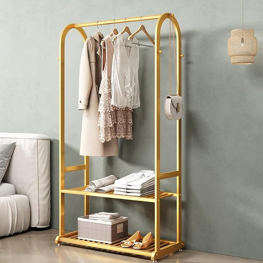 Gold clothing rack,Heavy duty clothes rack with bottom shelves and 6 side hooks,Wardrobe rack for bedroom,Metal garment rack for hanging clothes,Coats,Shirts(L:31.5in)