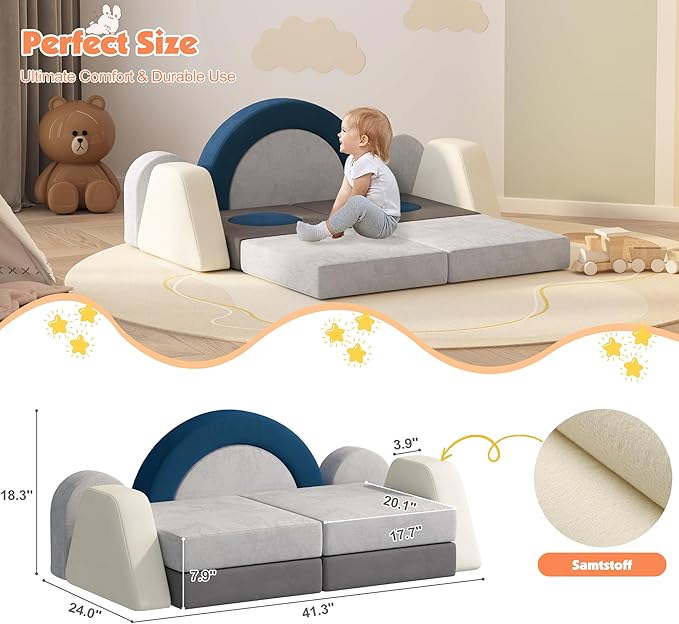 12 PCS Modular Kids Play Block Couch Child Sectional Soft Sofa Toddler Building Fortplay Climbing Bedroom Playroom Baby Convertible Floor Foam Cushion for Boys & Girls (Blue+Grey+Beige)