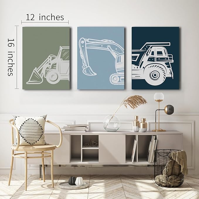 Shwing Framed Toddler Boys Room Decor - Construction Truck Wall Art Set, 12"x16" 3Pcs Set
