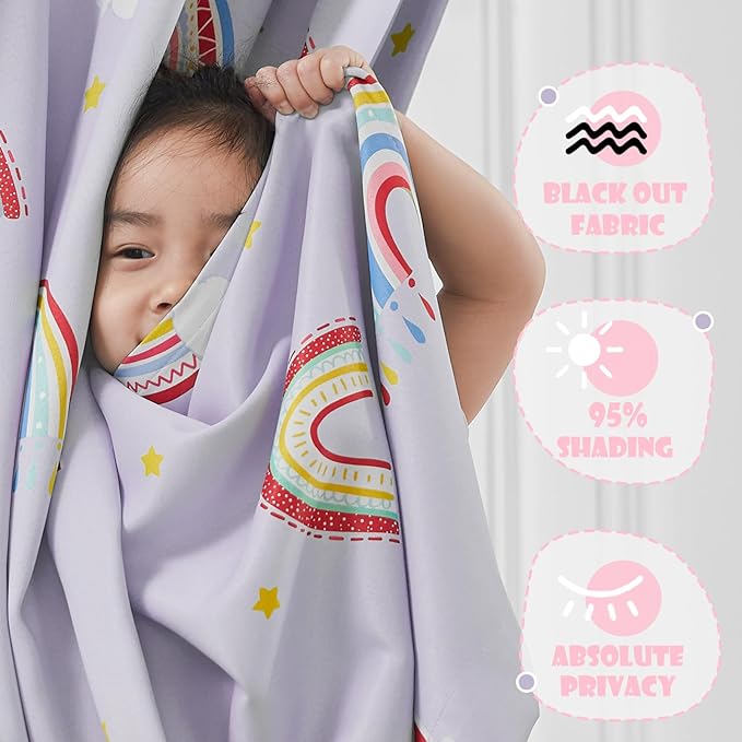 Vangao Boho Girls Blackout Curtains Purple for Kids Room 63 Inch Length, Rainbow Window Drapes for Living Room Nursery Thermal Grommet Insulated Room Darkening Curtains Bedroom, 2 Panels
