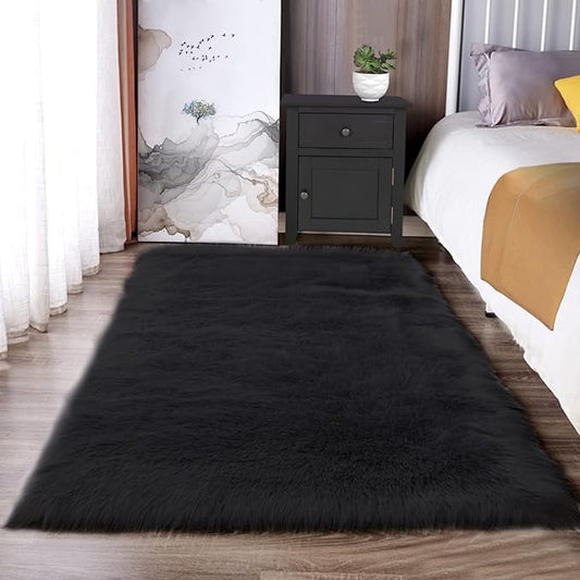 Latepis Black Rugs for Bedroom 3x5 Throw Rug Shag Washable Faux Fur Sheepskin Rug for Living Room Floor Plush Soft Rugs Cute Room Decor Rectangle