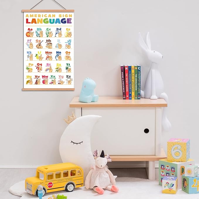 KAIRNE American Sign Language Poster With Wood Magnetic Hanger Framed(11X17.7inch),Alphabet Learning Decor With Common Words ABC Chart Wall art for Toddlers Kids Room Classroom Playroom Decor