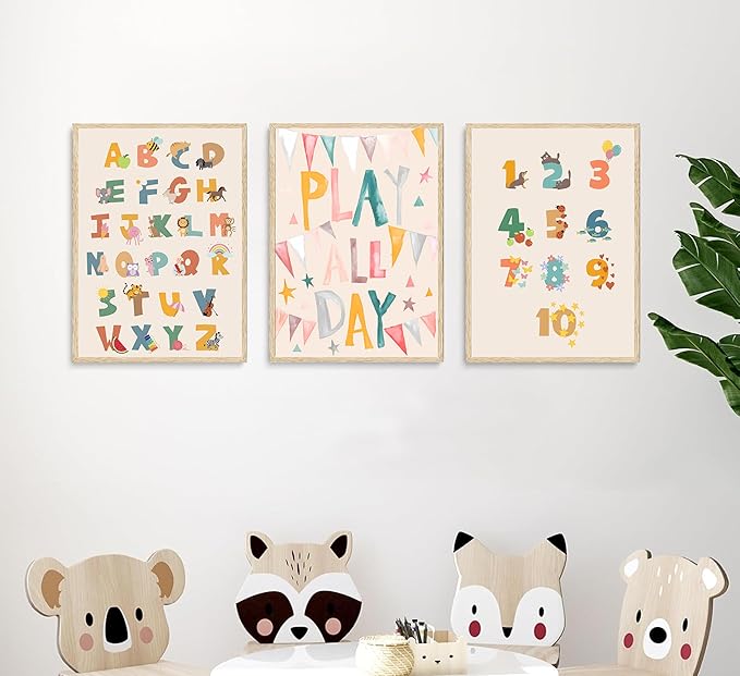 Burshley 3pcs Children Playroom Wall Art Canvas Prints ABC Learning Posters Play All Day Flags 123 Counting Paintings Colorful Educational Kids Wall Decor Nursery Kindergarten Decoration Unframed