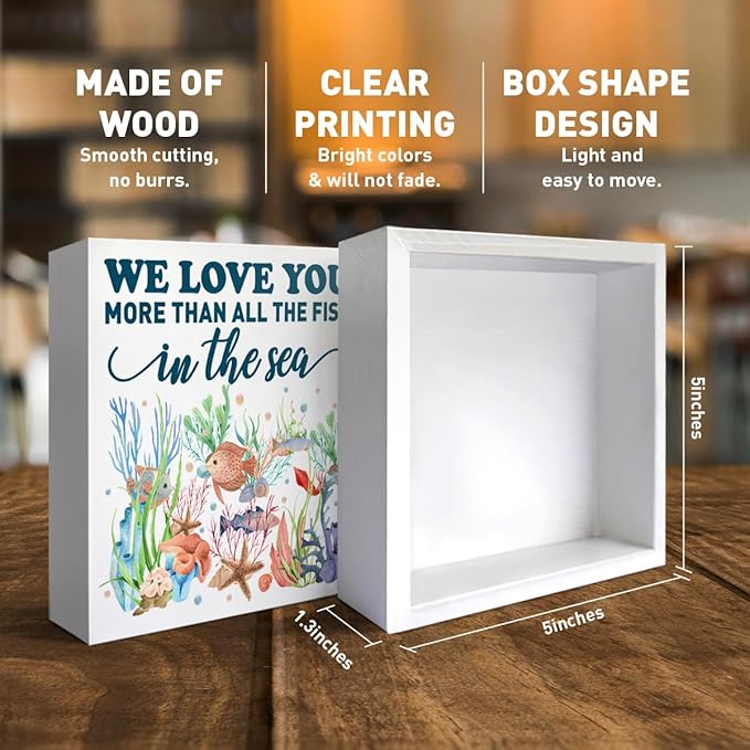Nursery Desk Decor Wooden Sign, Nursery Decoration for Playroom Toy Room Kid's Bedroom, Nursery Gift for Baby Boy Girl Newborn Kids, We Love You More Than All The Fish in The Sea