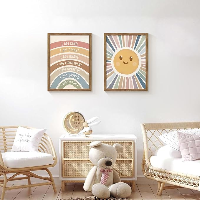 Dytila 2 Piece Framed Boho Rainbow Kids Room Wall Art, Positive Affirmations Playroom Wall Decor, Sun Smiley Face Nursery Painting Canvas Prints for Classroom Toddler Room Decor 12x16 Inch