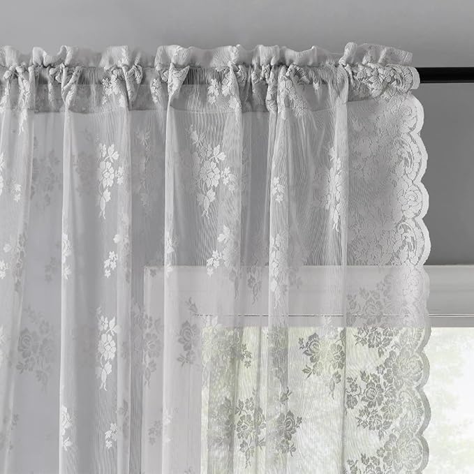 Kotile Grey Lace Curtains 108 Inches Long - Vintage Country Rustic Floral Sheer Lace Curtains for Living Room, Privacy Gray Sheer Curtains for Windows, 52 x 108 Inch, 2 Panels, Grey