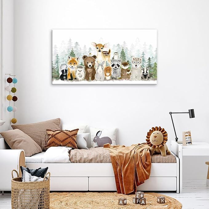 Woodland Animal Nursery Wall Art Watercolor Forest Baby Animal Nursery Wall Decor Printing Framed Fox Bear Deer Watercolor Poster Paintings Pictures for Boys Room Girls Room Home Decoration 8x16in