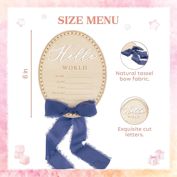 Baby Announcement Sign 6.5 Inch Wooden Hello World Newborn Welcome Sign Birth Name Plaques for Photo Props Shower Hospital Nursery (Blue Bow)