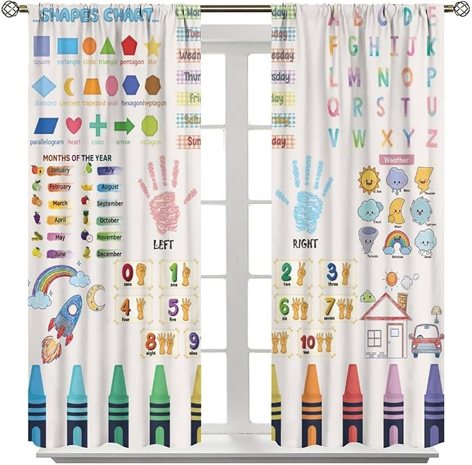 Kids Educational Alphabet Curtain,Boho Watercolor Alphabet Pastel Numbers Shapes Colors for Girls Child Nursery Home Kids Printed Rod Pocket Blackout Window Drapes for Bedroom Living Room 55"W X 63"L