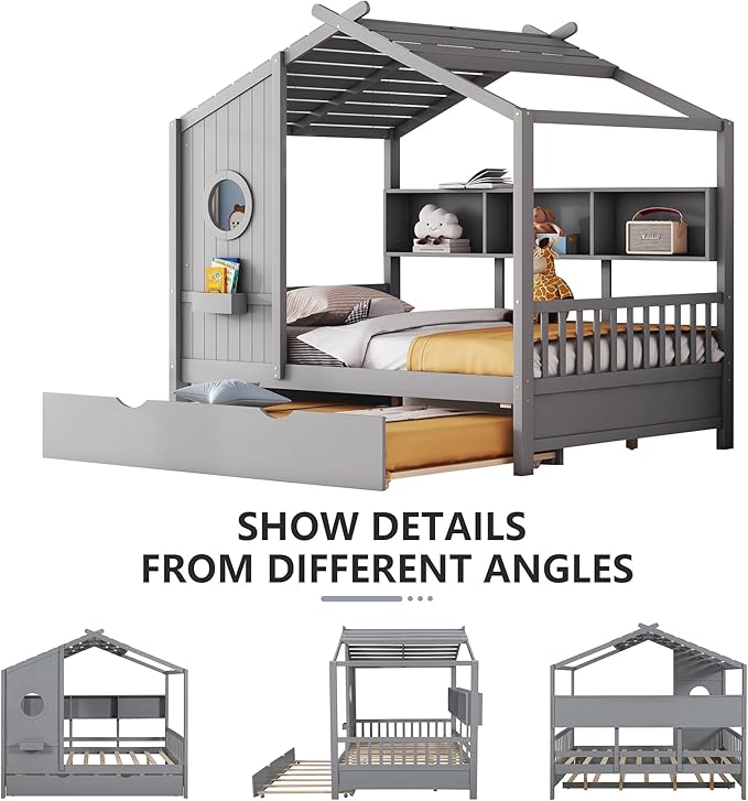 Full Size Bed Frames for Kids, House Bed with Trundle and Shelves, Wood Playhouse Platform Bed Frame with Window and Fence for Boys Girls, Gray, 74.4" L x 58" W x 72" H