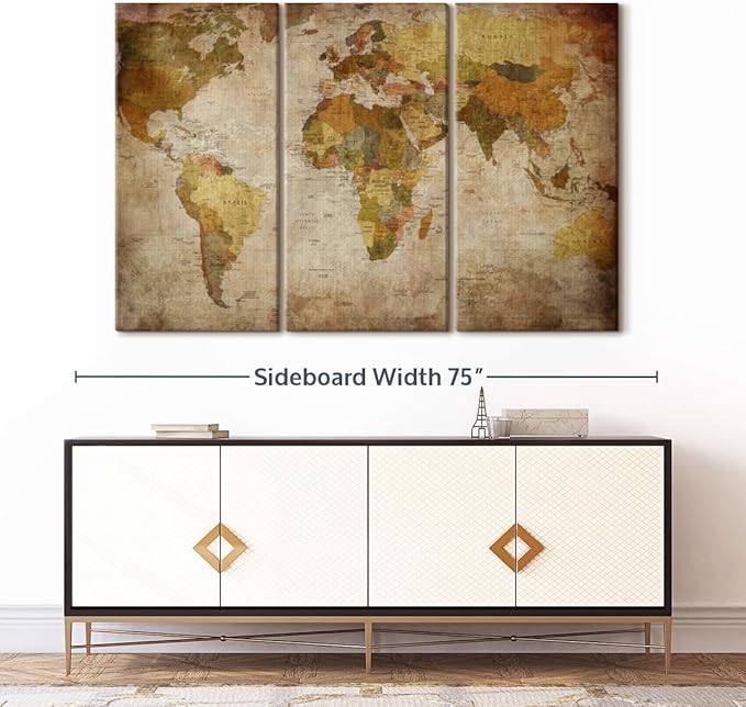 ElephantStock World Map Multi Piece Canvas - 3 Piece Canvas World Map Wall Decor - Wall Decor - Ready-to-Hang Print - Vintage Wall Art - 65" X 42"