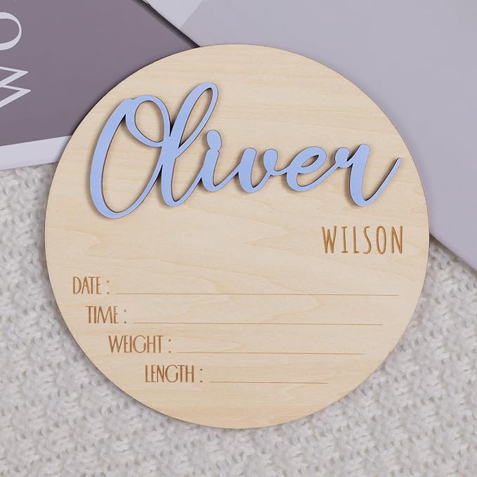 Personalized Birth Announcement Sign for Hospital, Baby Name Sign with Birth Stats, Newborn Announcement Sign Disc (Design 02)