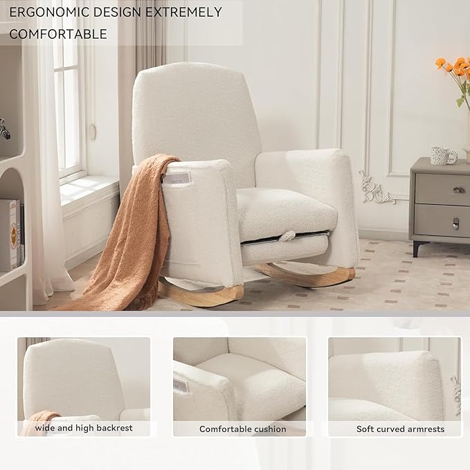 FOXHUNTER Rocking Chair Nursery with Adjustable Footrest and High Backrest, Upholstered Glider Chairs with Side Pockets for Nursery, Rocker Armchair Indoor for Living Room,White