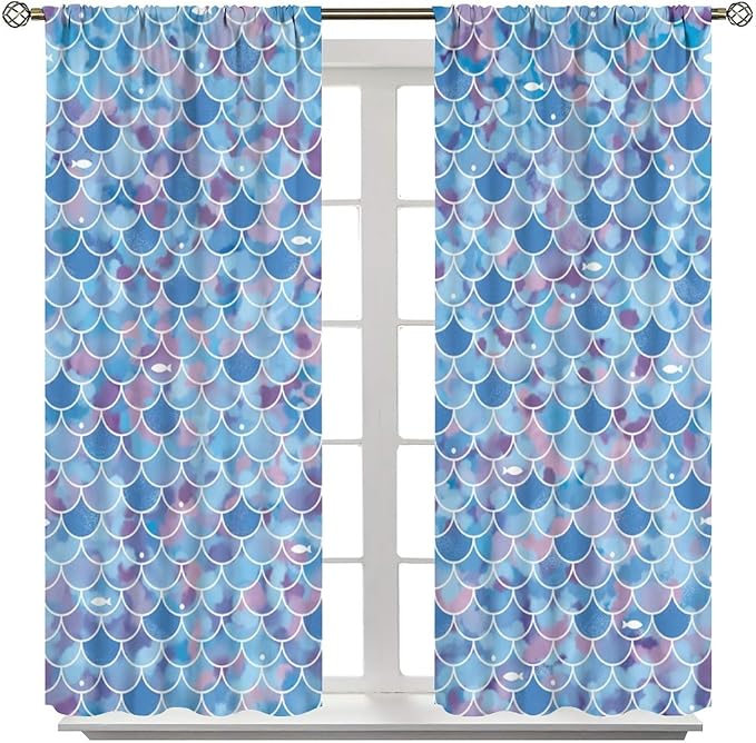 Mermaid Blackout Curtains, Kids Cartoon Blue and Pink Ocean Mermaid Scale Pattern Decoration for Girls Bedroom Nursery Curtains 63x63 Inch