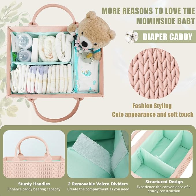 MOMINSIDE Diaper Caddy Organizer, Nursery Storage, Portable Changing Table Car Caddy - Girl Boy, Baby Registry, Newborn Essentials (Pale Pink)