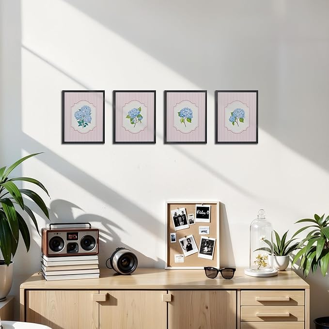OFJE Blue Hydrangea Floral Wall Art Decor Prints Set of 4, Rustic Pink Striped Hydrangea Flower Wall Art Posters Decor for Girls Bedroom Home Living Room, 8x10 Unframed