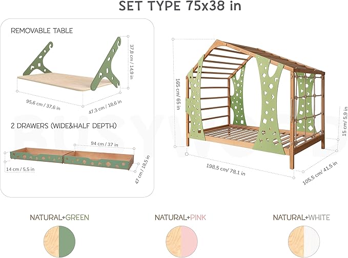 BUSY WOOD Monkey Bed – Twin Frame with Storage & Removable Table – Montessori Indoor Playground – Jungle Gym Furniture for Kids – Toddler Sleeping Frame with 2 Drawers