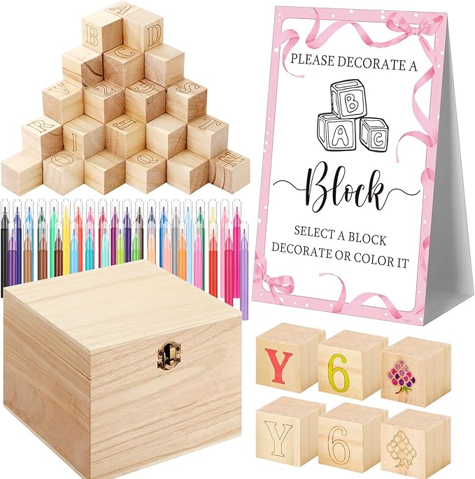 Marsui 136 Pcs Baby Shower Blocks to Decorate Game Kit Includes 98 Wooden Blocks, 36 Markers, 1 Game Sign, 1 Storage Box for Baby Shower Gender Reveal Activity Party Decorations (Pink Bow)
