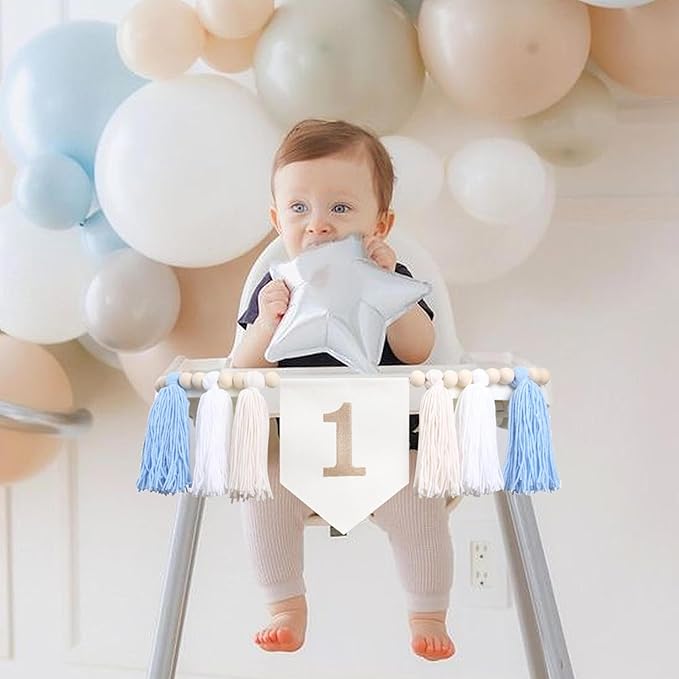 HGFC Embroidery Tassel High Chair Banner - Wood Bead 1st Birthday Banner,Sky Theme Party Decoration,Birthday Baby Boys Tassel Garland,Cake Smash Backdrop