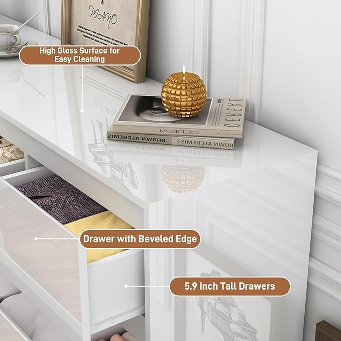 White Malm Dresser for Bedroom, 63 Inch Full High Gloss Dresser with 8 Drawers, Modern Large Wood Chest of Drawer Handle Free, Living Room, Entryway, Hallway, White