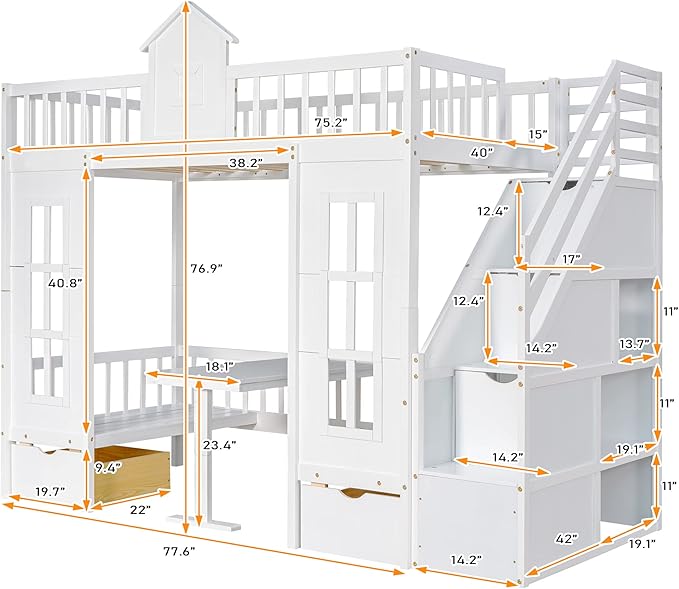 Playhouse Twin Size Loft Bed with Storage Staircase, Solid Wood Bunk Bed Frame with Guardrail for Kids Teens Boys Girls, Down Bed Convertible to Seats and Table Set (White-C)