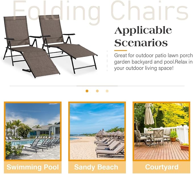 MFSTUDIO 2 Piece Outdoor Folding Patio Chaise Lounge Chairs, Set of 2 Outdoor Textiline Recliner Chairs Patio Lounge with 7 Position Adjustable for Beach, Backyard, Poolside, Lawn(Brown)