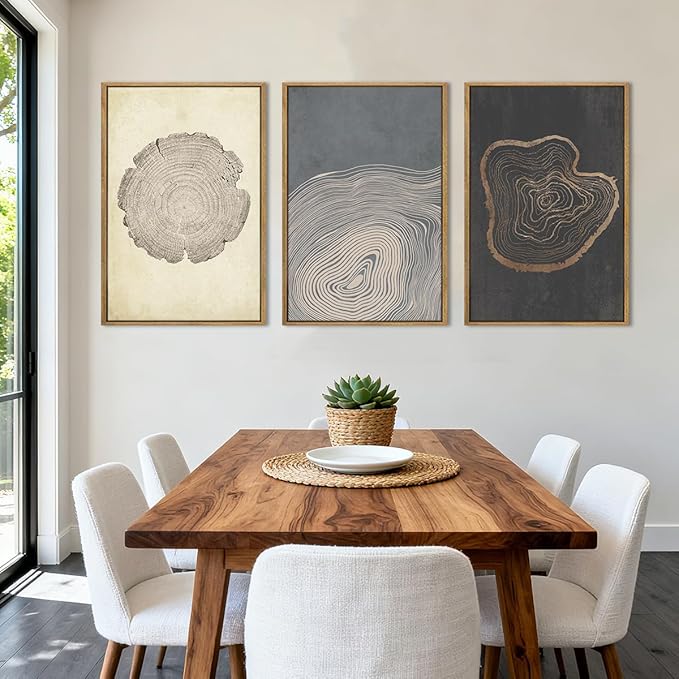 Anyzal Neutral Tree Ring Wall Art Modern Wood Stump Wall Decor 24x36 Inch Set of 3 for Living Room Bedroom Dining Room