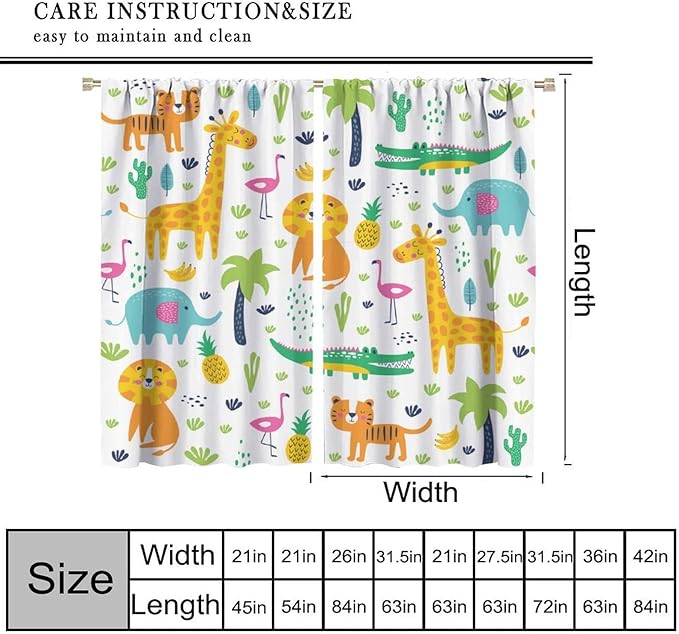 Kids Animals Blackout Curtains Cartoon Cute Abstract Fun Tropical Animals Art Printed for Children Girls Boys Bedroom Nursery Rod Pocket Decoration Window Drapes 2 Panels W27.5xL63in
