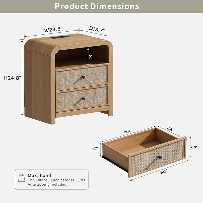 Oak&Sparrow 2 Drawer Tall Dresser for Bedroom, 23.6'' Rattan Dresser with Ample Storage, Boho Chest of Drawers, Thickened Curved Profile Design, Oak Dressers for Bedroom, Living Room