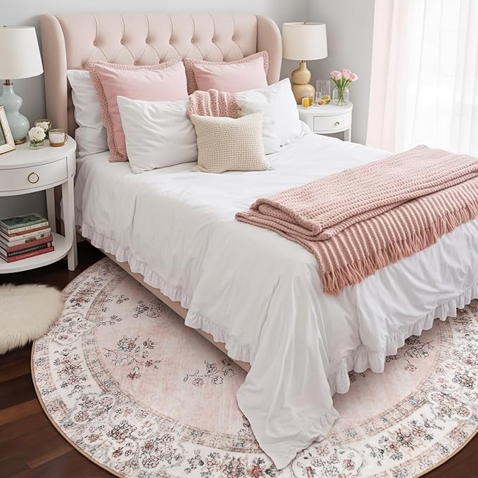 Lahome Washable Pink Round Rug 8ft, Soft Europe Vintage 8x8 Circle Rug for Nursery Girls Bedroom,Non-Slip Floral Pastel Circular Carpet for Dining Room Floor Home Office Decor